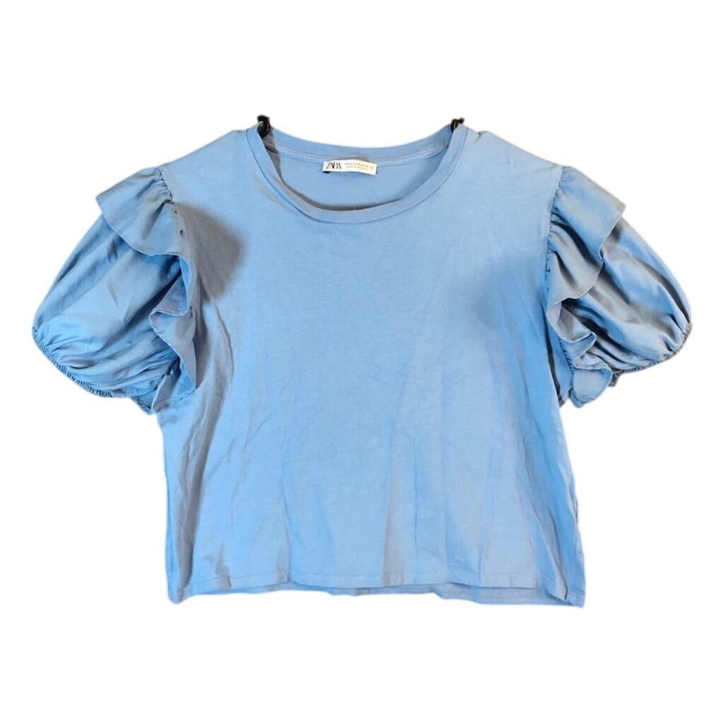Zara Womens Shirt Blue Cropped Crew Neck Ruffle Short Sleeve Medium